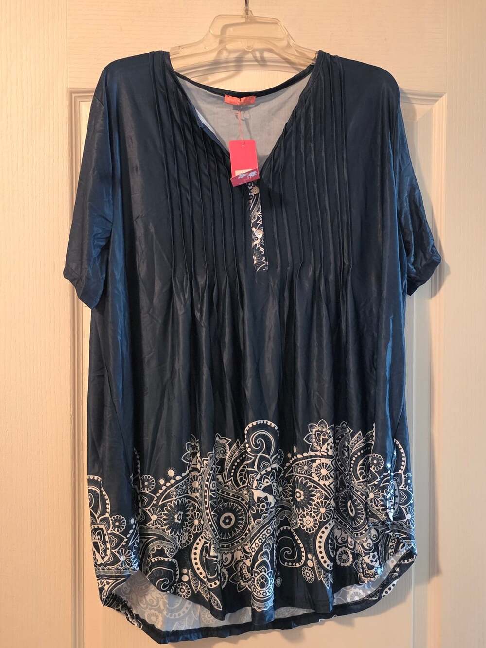 NWT Simply Aster By Firmiana Top Size 3X Blue Paisley Pleated Tunic Blouse